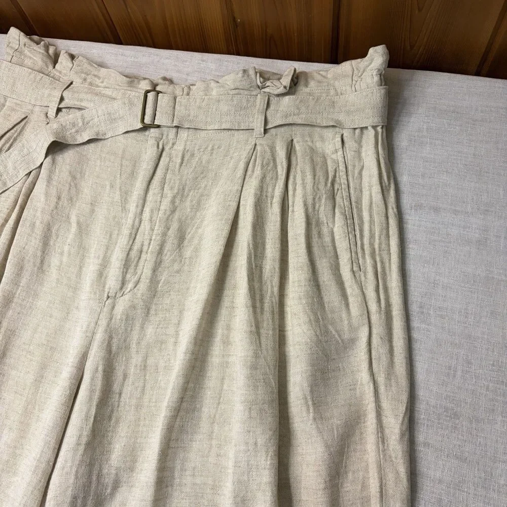 Banana Republic Linen Blend Pants Sz 18 Wide Leg Belted Coastal Paper Bag Waist